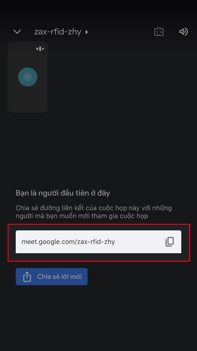 Copy đường link ở khung bên trái hoặc copy mã lớp học là các ký tự ở sau cụm meet.google.com/ Copy đường link ở khung bên trái hoặc copy mã lớp học là các ký tự ở sau cụm meet.google.com/
