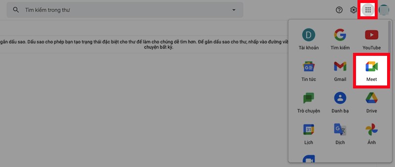 Đăng nhập Gmail trên máy tính, nhấn vào biểu tượng dấu chấm ở góc trên bên phải > Chọn Meet Đăng nhập Gmail trên máy tính, nhấn vào biểu tượng dấu chấm ở góc trên bên phải > Chọn Meet
