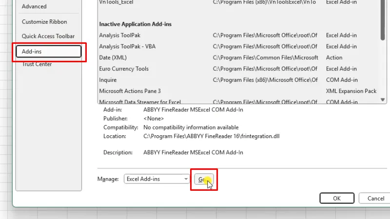 Vô Options >> Add-ins, Bấm Go