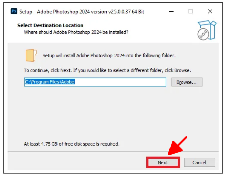 Chọn thư mục lưu trữ phần mềm photoshop cc 2024
