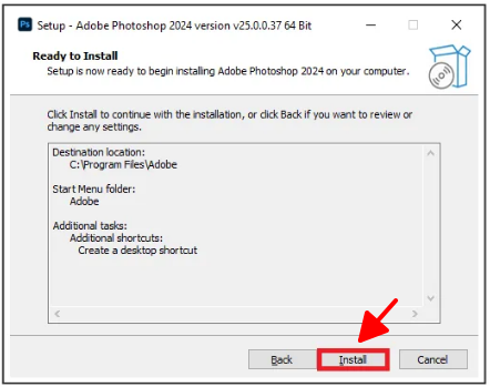 Nhấn install để bắt đầu cài đặt photoshop 2024